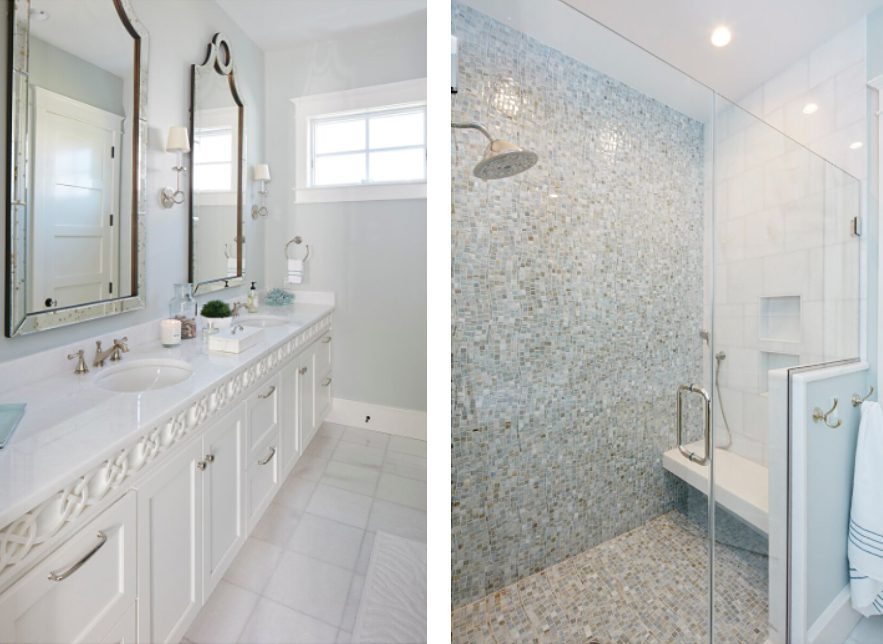 Two photos side by side, one of a bathroom vanity and with double sink and two mirrors, the other of a shower with mosaic accent flooring and tile.