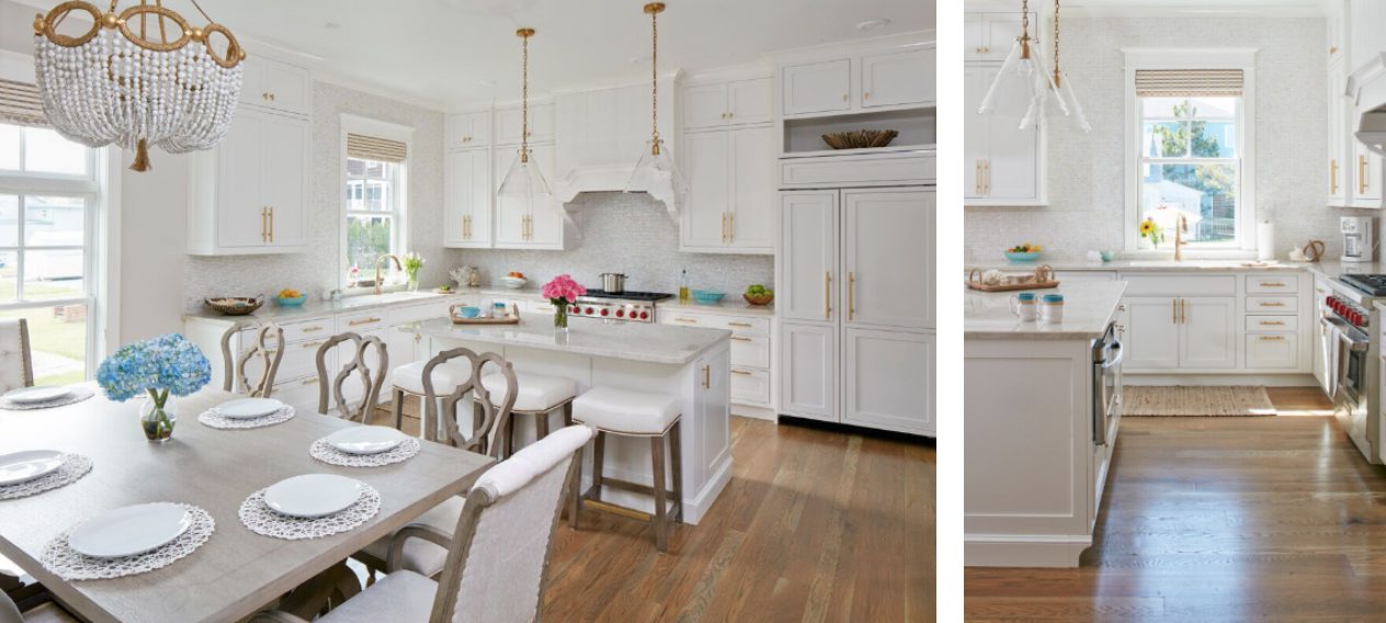 Two photos side by side of a white kitchen and dining room with wooden floors, chandelier, and gold accents. Second photo is of Wolf range & Sub Zero refrigerator.